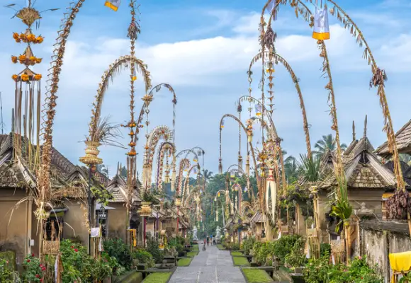 Penglipuran Village (Desa Penglipuran), a traditional Balinese village in Bangli Regency known for its preserved layout and curved decorative bamboo poles (penjor).